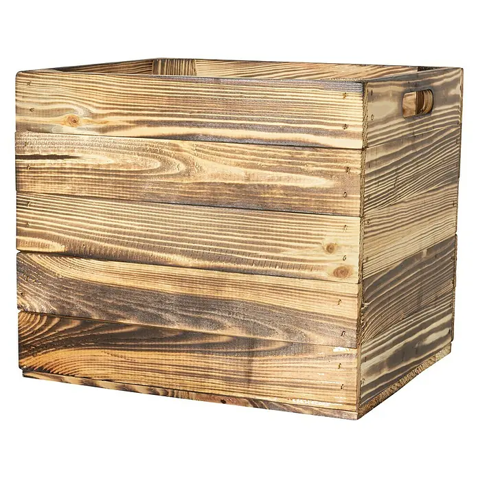 Holzkiste geflammt mit Eingriffen - 32,5 x 33 x 37,5 cm, Natur, 2 Eingriffe - Rechte Seitenansicht