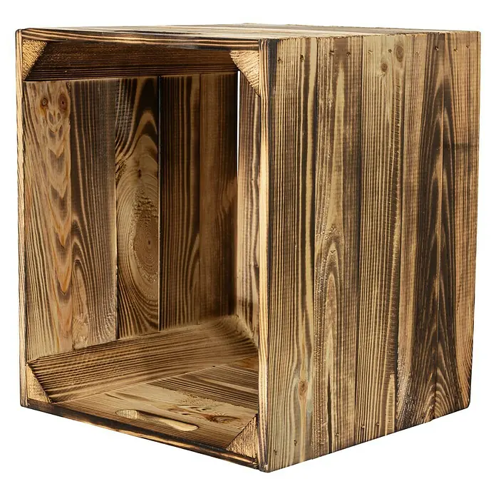 Holzkiste geflammt mit Eingriffen - 32,5 x 33 x 37,5 cm, Natur, 2 Eingriffe - Diagonale Ansicht