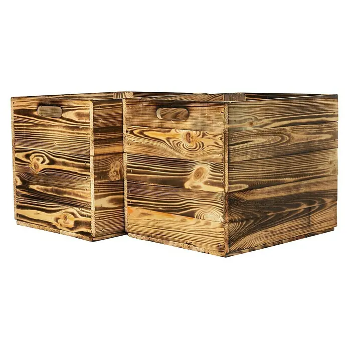 Holzkiste geflammt mit Eingriffen - 32,5 x 33 x 37,5 cm, Natur, 2 Eingriffe - Diagonale Ansicht