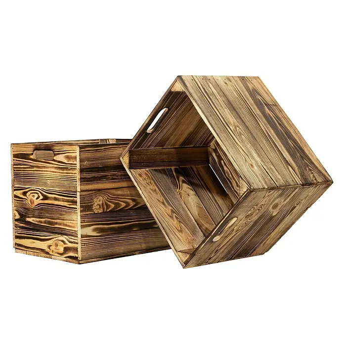 Holzkiste geflammt mit Eingriffen - 32,5 x 33 x 37,5 cm, Natur, 2 Eingriffe - Diagonale Ansicht