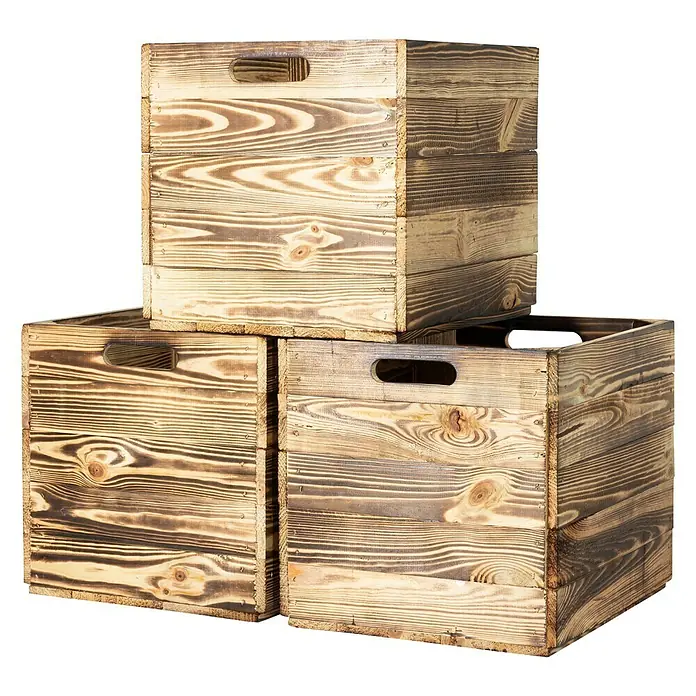 Holzkiste geflammt mit Eingriffen - 32,5 x 33 x 37,5 cm, Natur, 2 Eingriffe - Diagonale Ansicht