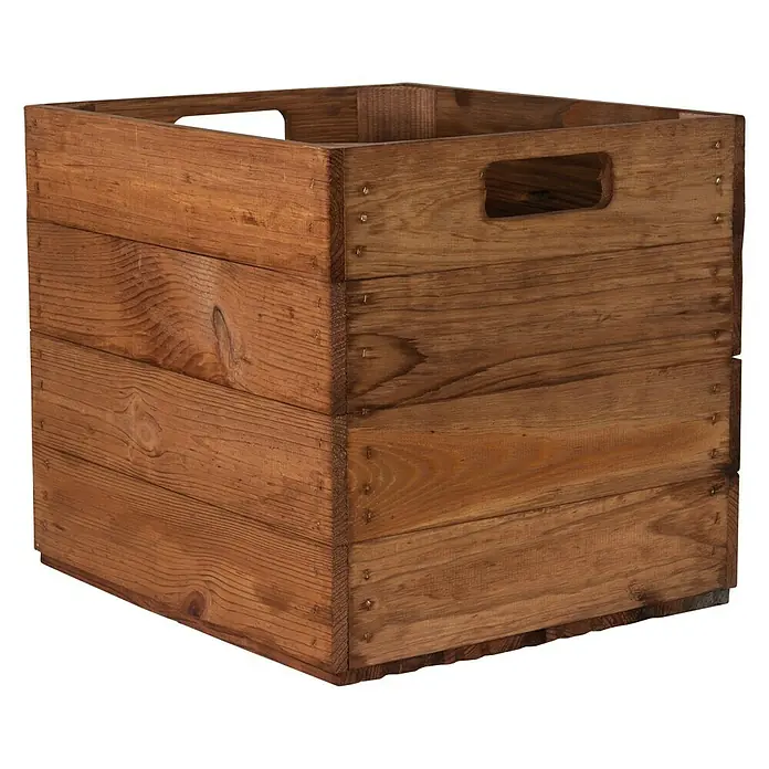 Holzkiste Used Natur mit Eingriffen - 32,5 x 33 x 37,5 cm, Braun, 2 Eingriffe - Diagonale Ansicht