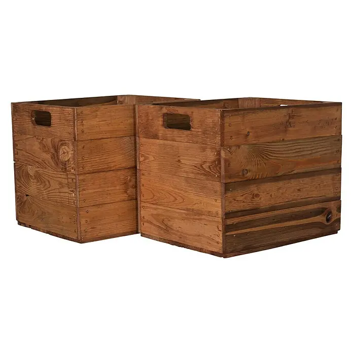 Holzkiste Used Natur mit Eingriffen - 32,5 x 33 x 37,5 cm, Braun, 2 Eingriffe - Diagonale Ansicht