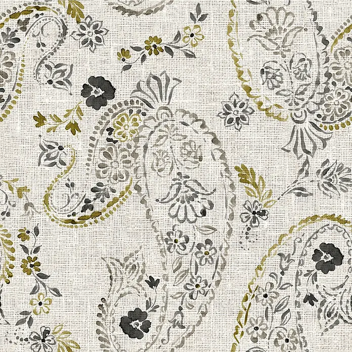 Cortina con ollaos Print Ameba - 140 x 260 cm, Algodón, Mostaza - Primer plano