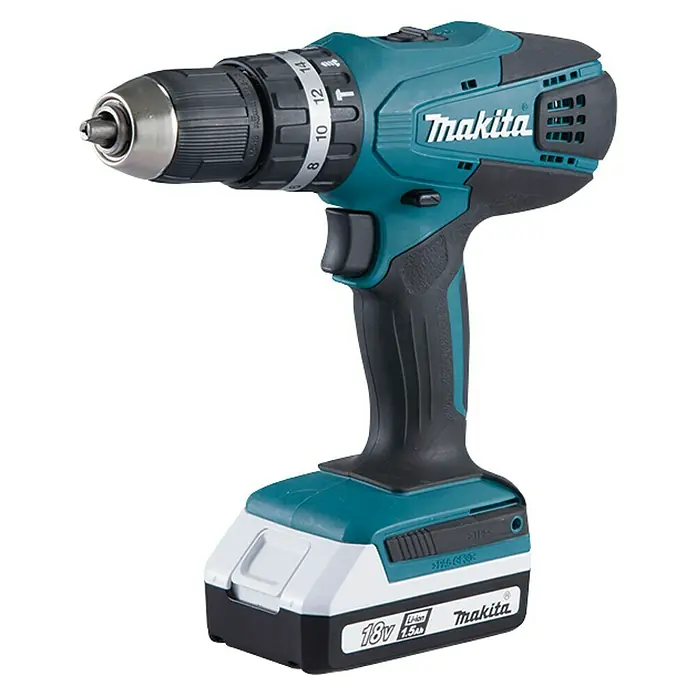 Bosch Taladro atornillador percutor de batería HP457DWE - 18 V, Iones de litio, 1,5 Ah, Número de revoluciones de marcha en vacío: 0 r.p.m. - 1.400 r.p.m. - Vista angular