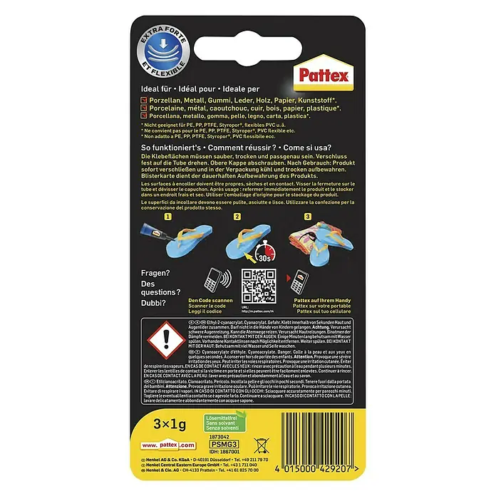 Pattex Sekundenkleber Ultra Gel Mini Trio - 3 x 1 g, Gelartig, Lösemittelfrei - Rückansicht