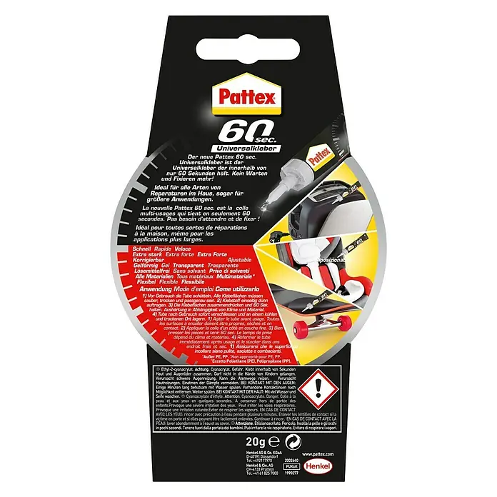 Pattex Universalkleber 60 Sekunden - 20 g, Tube, Gelartig - Rückansicht