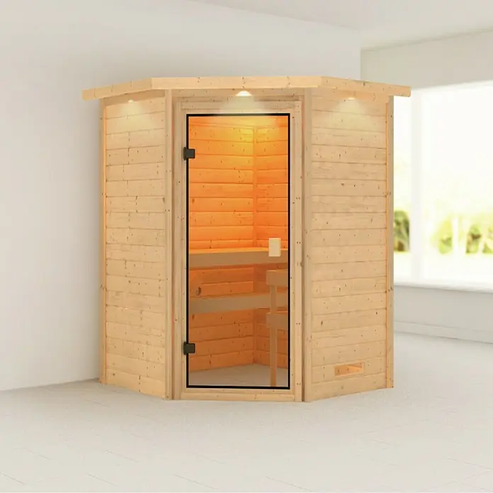 Karibu Massivholzsauna Antonia - Ohne Ofen, Mit Dachkranz und Beleuchtung, Material Tür: Ganzglas Bronze, 159 x 173 x 191 cm - Stimmungsaufnahme