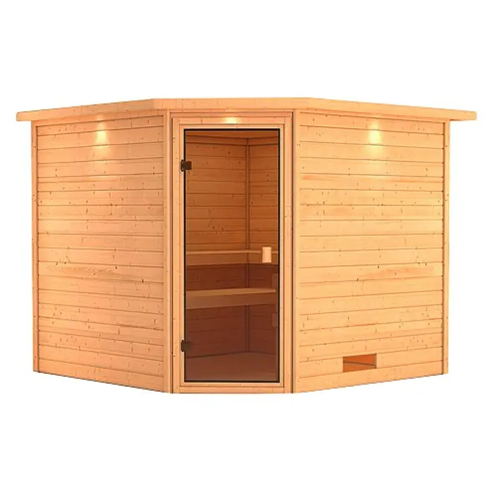 Karibu Massivholzsauna Leona - Mit 9 kW Saunaofen mit integrierter Steuerung, Mit Dachkranz und Beleuchtung, Material Tür: Ganzglas Bronze, 245 x 259 x 202 cm - Vorderansicht