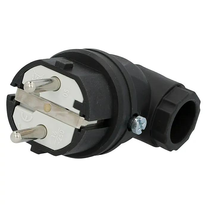 UniTEC Winkel-Schutzkontaktstecker - 250 V, 16 A, IP44, Schwarz, Kabelknickschutz - Diagonale Ansicht