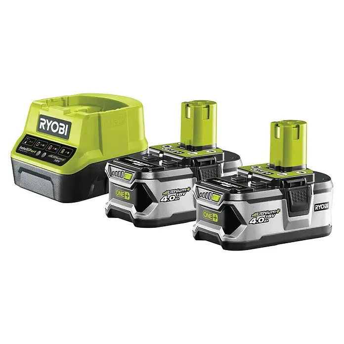 Ryobi ONE+ Punjač i baterija - 18 V, Litij-ionska, 4 Ah, 2 baterije - Dijagonalni pogled