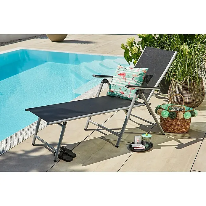 Sunfun Marina Sonnenliege - L x B x H: 179 x 66 x 105 cm, Textilene, Schwarz/Silber - Stimmungsaufnahme