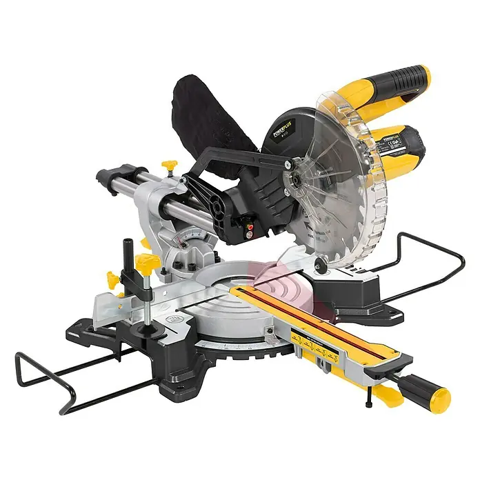 PowerPlus Sierra ingletadora POWX075710S - 1.600 W, Diámetro hoja de sierra: 210 mm, 5.000 r.p.m. - Vista angular