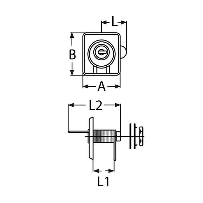 Marinetech Tirador empotrable con cerradura - L x An x Al: 50 x 55 x 30 mm, Acero inoxidable, A2 - Dibujo técnico