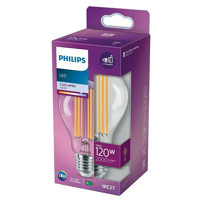 Philips Bombilla LED Classic CW - E27, 120 W, A60, 2.000 lm - Vista angular