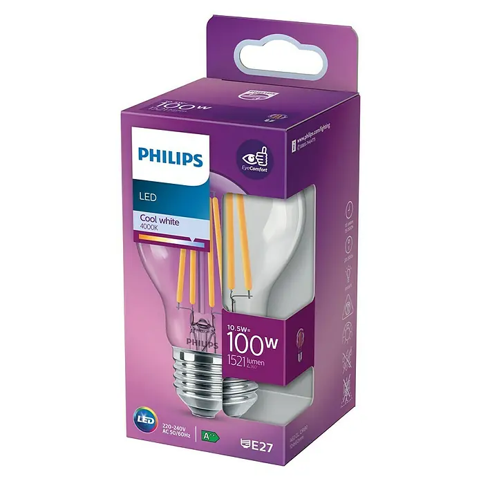 Philips Bombilla LED Classic CW Transparente - E27, 100 W, A60, 1.521 lm - Vista angular