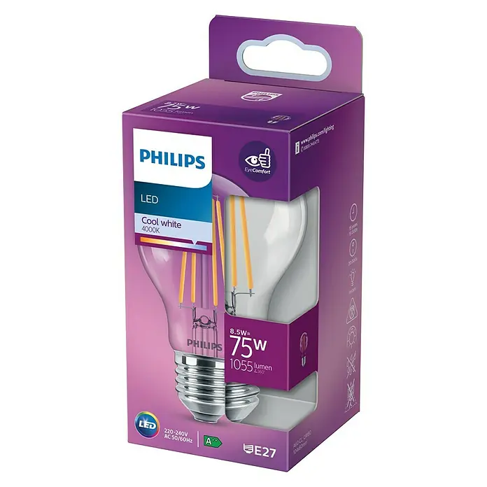 Philips Bombilla LED Classic CW Transparente - E27, 75 W, A60, 1.055 lm - Vista angular