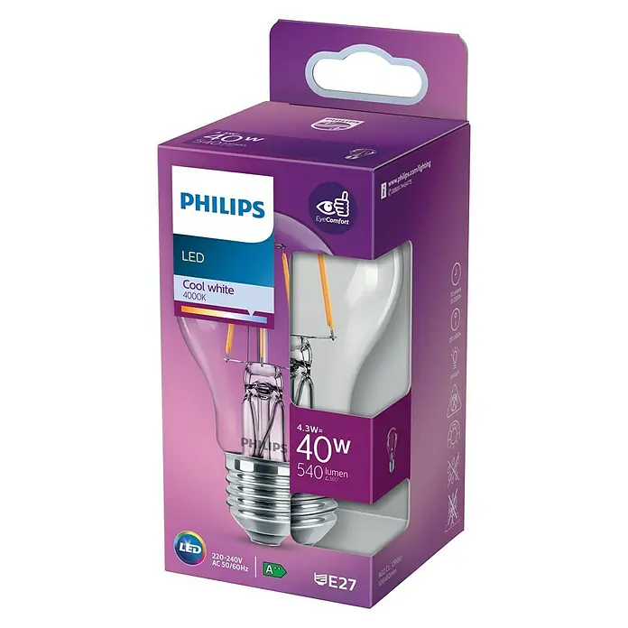 Philips Bombilla LED Classic CW - E27, 40 W, A60, 540 lm - Vista angular