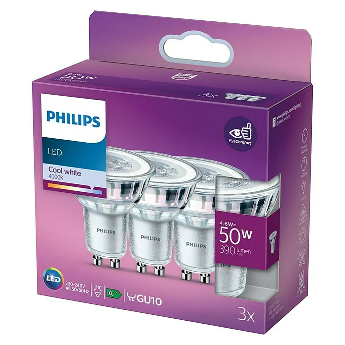 Philips Bombilla LED Classic Pack 3 - GU10, 4,6 W, 390 lm, 3 uds. - Vista angular