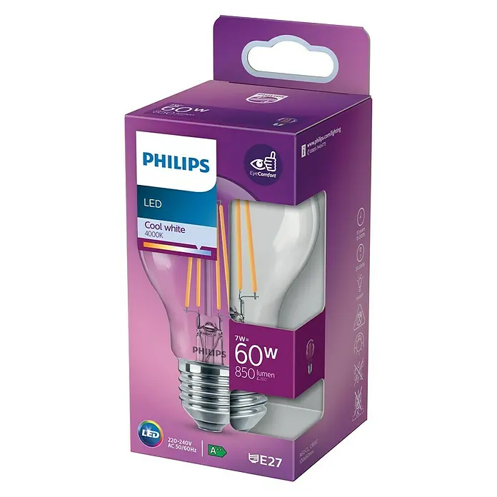Philips Bombilla LED Classic CW - E27, 60 W, A60, 850 lm - Vista angular
