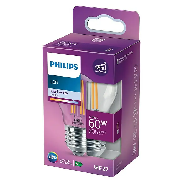 Philips Bombilla LED Classic CW Transparente - E27, 60 W, P45, 806 lm - Vista angular