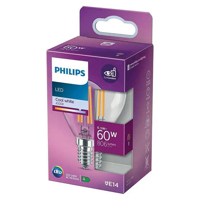 Philips Bombilla LED Vela y lustre CL ND 1PF/10 - E14, 60 W, P45, 806 lm - Vista angular