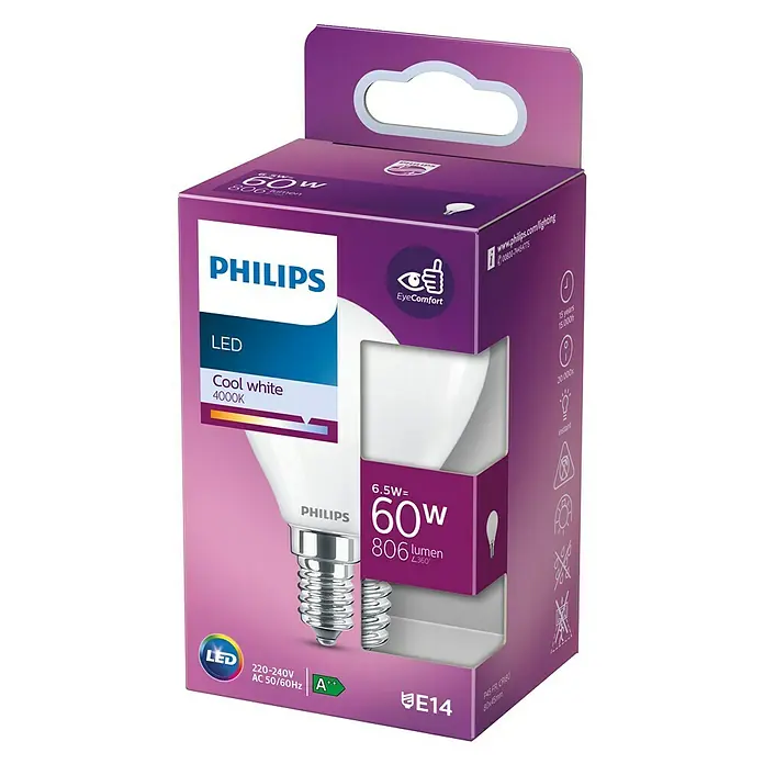 Philips Bombilla LED Vela y lustre FR ND 1PF/10 - E14, 60 W, P45, 806 lm - Vista frontal