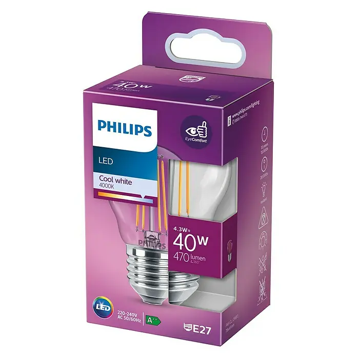 Philips Bombilla LED Classic CW Transparente - E27, 40 W, P45, 470 lm - Vista frontal