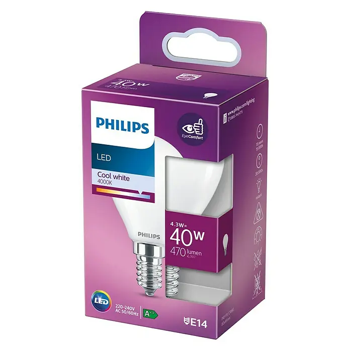 Philips Bombilla LED Classic CW Mate - E14, 40 W, P45, 470 lm - Vista frontal