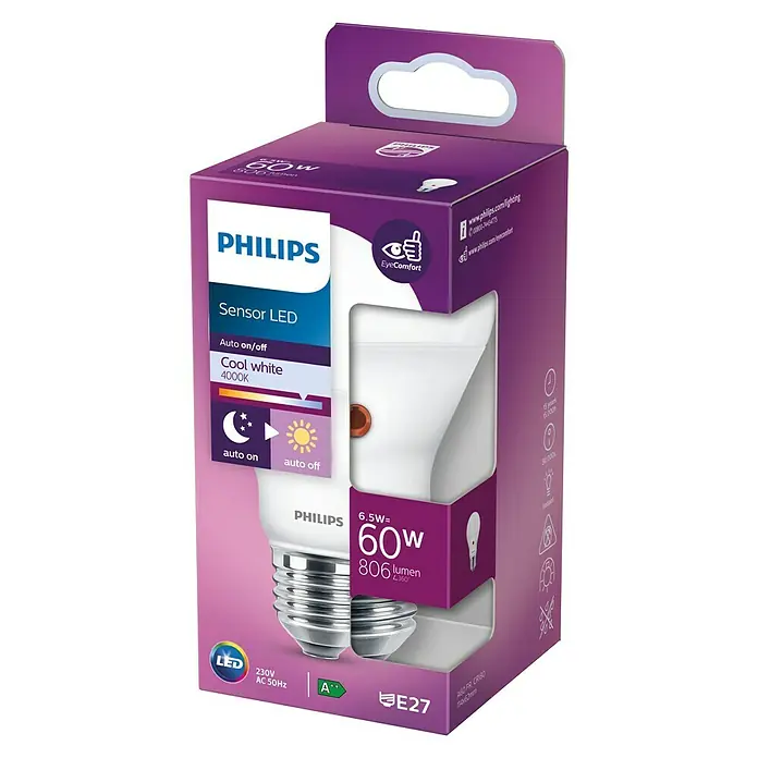 Philips Bombilla LED Classic CW c/ sensor - E27, 60 W, A60, 806 lm - Vista frontal