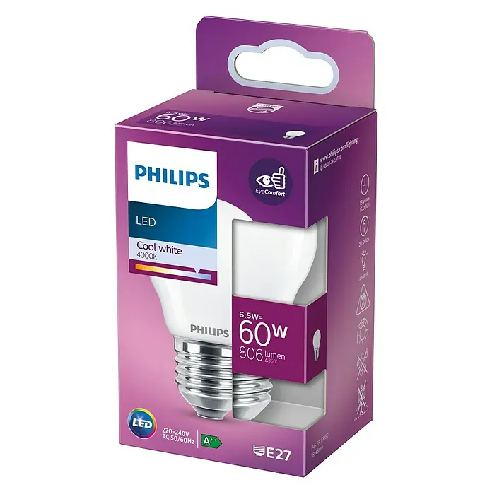 Philips Bombilla LED Classic CW Mate - E27, 60 W, P45, 806 lm - Vista frontal