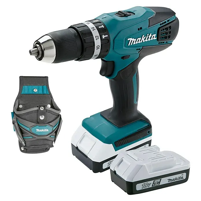 Makita Taladro atornillador percutor de batería HP457DWE + cartuchera - 18 V, 2 baterías, 1,5 Ah, Número de revoluciones de marcha en vacío: 0 r.p.m. - 1.400 r.p.m. - Vista angular