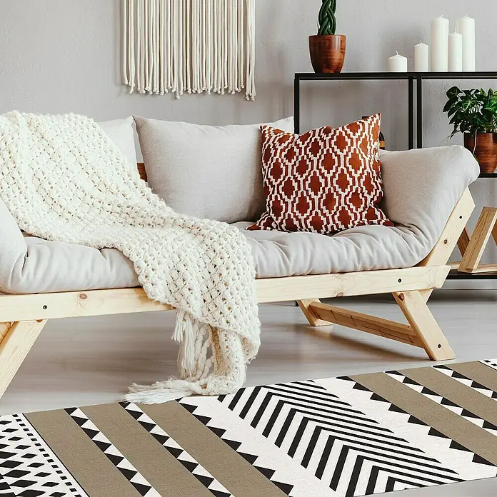Alfombra de vinilo Croma Etnic Stone - Blanco/Marrón, Negro, 200 x 60 cm - Foto ambiente