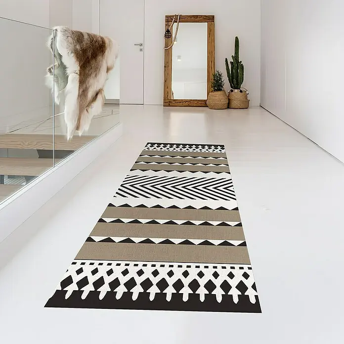 Alfombra de vinilo Croma Etnic Stone - Blanco/Marrón, Negro, 200 x 60 cm - Foto ambiente