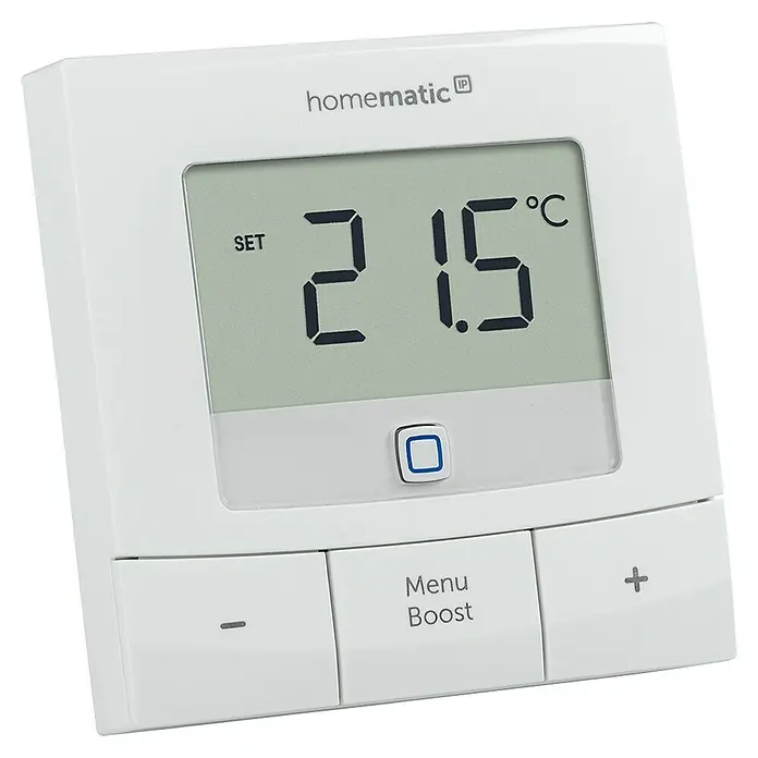 Homematic IP Funk-Raumthermostat HmIP-WTH-B - Weiß, Batteriebetrieben, 22 x 85 x 85 mm - Diagonale Ansicht