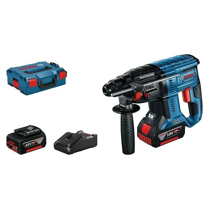 Bosch Professional Akku-Kombihammer GBH 18V-21 - 18 V, 2 Akkus, 4 Ah, Leerlaufdrehzahl: 1.800 U/min, Einzelschlagstärke: 2 J - Diagonale Ansicht