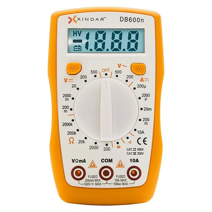 Xindar Multímetro digital Compacto DB600n - 2 polos, Medicion de tensiones de Corriente Alterna y Corriente Continua, IP20 - Vista frontal