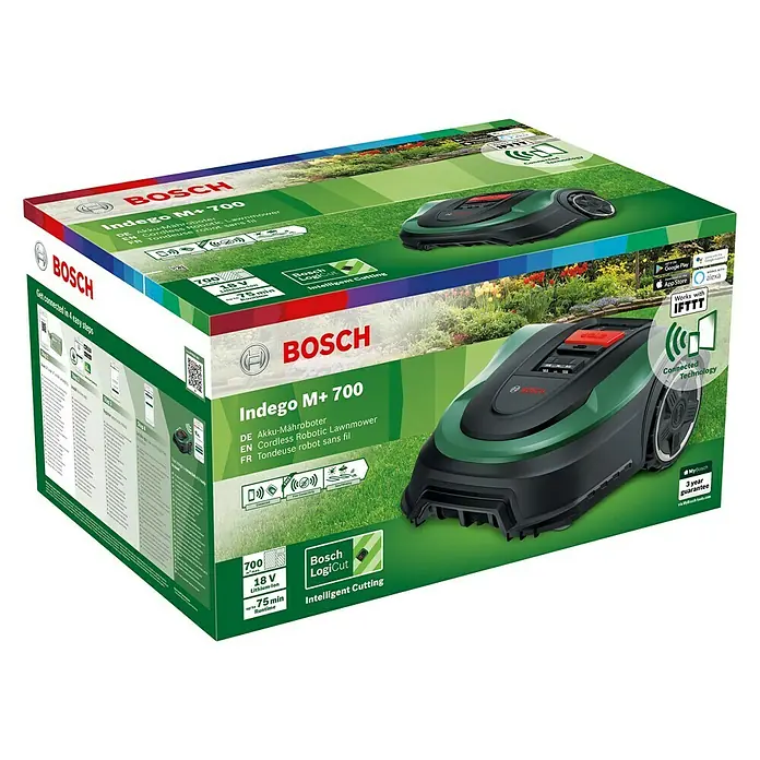 Bosch Robotska kosilica Indego M+ 700 - 18 V, Litij-ionska, 2,5 Ah, 1 baterija, Maksimalna preporučena površina: 700 m² - Dijagonalni pogled