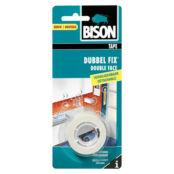 Bison Dubbelzijdig tape Doublefix Binnen Verwijderbaar, Blister 1,5 m - Waterbestendig - Vooraanzicht
