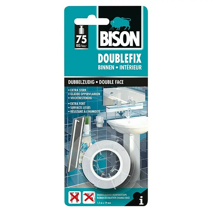 Bison Dubbelzijdig tape Doublefix Binnen, Blister 1,5 m - Waterbestendig - Vooraanzicht