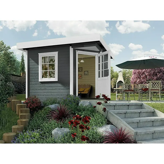 Weka Gartenhaus Designhaus 213 - B x T: 338 x 338 cm, Holz, 8,88 m², Wandstärke: 28 mm, Grau/Weiß - Stimmungsaufnahme
