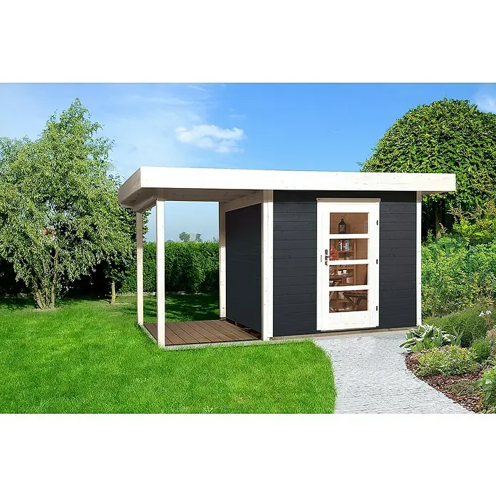 Weka Gartenhaus Designhaus 172 A + Anbau 150 cm - Holz, Wandstärke: 28 mm, Anthrazit/Weiß - Stimmungsaufnahme