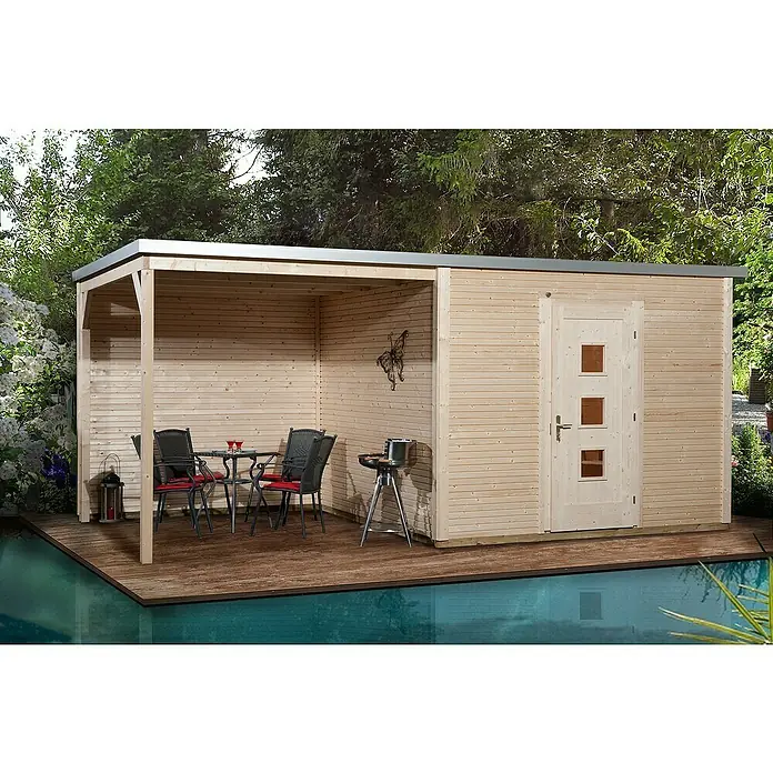 Weka wekaLine Gartenhaus Designhaus 413 A + Anbau 300 cm - B x T: 560 x 260 cm, Holz, Wandstärke: 45 mm, Natur - Stimmungsaufnahme