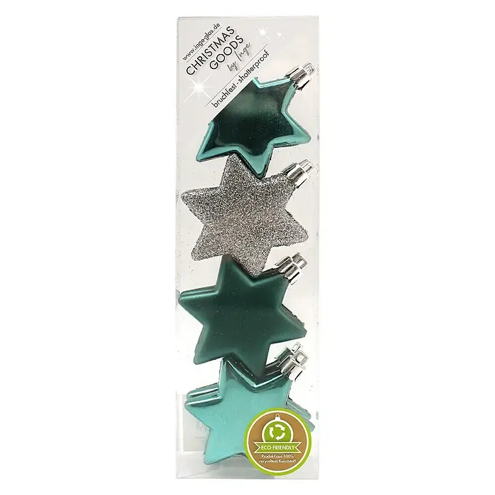 Christbaumschmuck Stern Grey Emerald - Grün, Türkis, Silber, Kunststoff, Stern, 8 Stk. - Vorderansicht