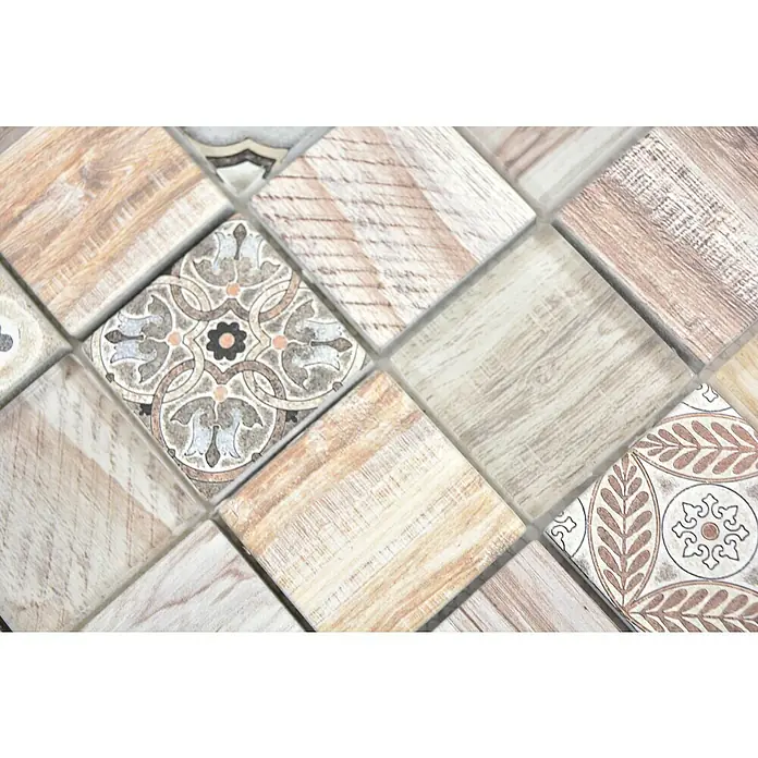 Mosaikfliese Quadrat Crystal XCM WOOD 100 - 30 x 30 cm, Beige, Glänzend - Detailaufnahme