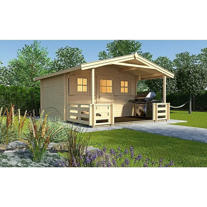 Weka Gartenhaus 110 - B x T: 460 x 514 cm, Holz, Wandstärke: 28 mm, Mit Vordach 2 m & Terrasse - Stimmungsaufnahme