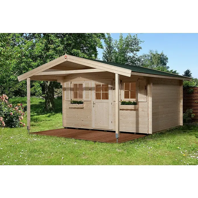 Weka Gartenhaus 135 - B x T: 460 x 514 cm, Holz, Wandstärke: 45 mm, Mit Vordach (200 cm) - Stimmungsaufnahme