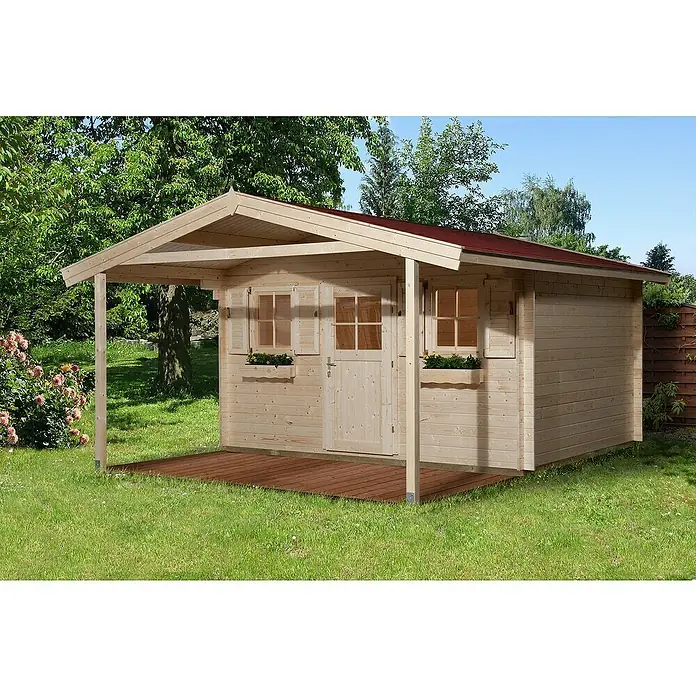 Weka Gartenhaus 135 - B x T: 460 x 594 cm, Holz, Wandstärke: 45 mm, Mit Vordach (200 cm) - Stimmungsaufnahme