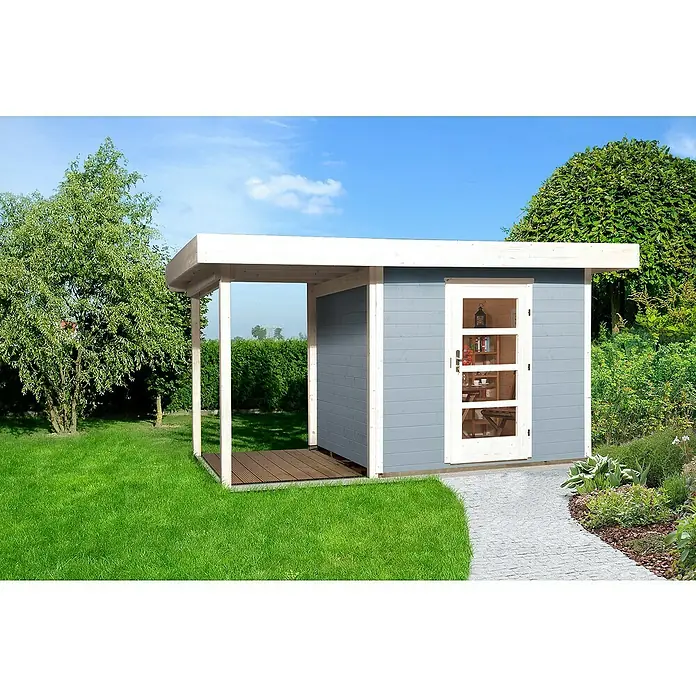 Weka Gartenhaus Designhaus 172 A + Anbau 150 cm - Holz, Wandstärke: 28 mm, Grau/Weiß - Stimmungsaufnahme