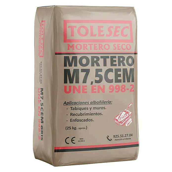 BHS Madrid Mortero de cemento Tolesec M-7,5 - 25 kg, Gris - Vista frontal